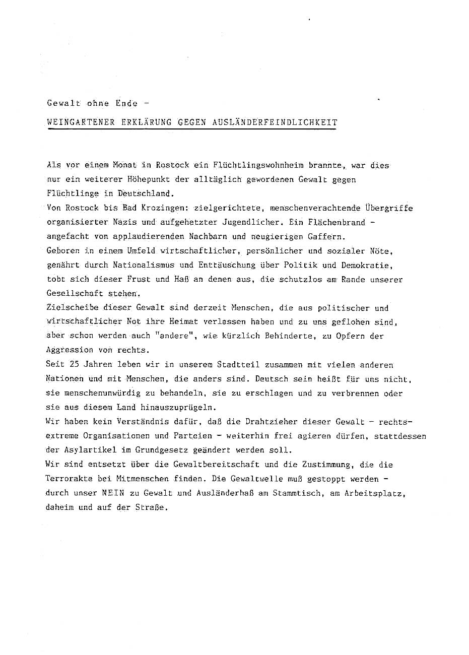 Eine Stellungnahme aus Weingarten zu den gewaltsamen Übergriffen auf Flüchtlingswohnheime in Deutschland.